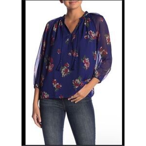 Lucky Brand red rose floral print chiffon peasant v neck top L